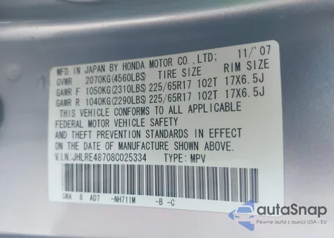 2008 Honda Cr-V Ex-L from USA, damaged, VIN JHLRE48708C025334